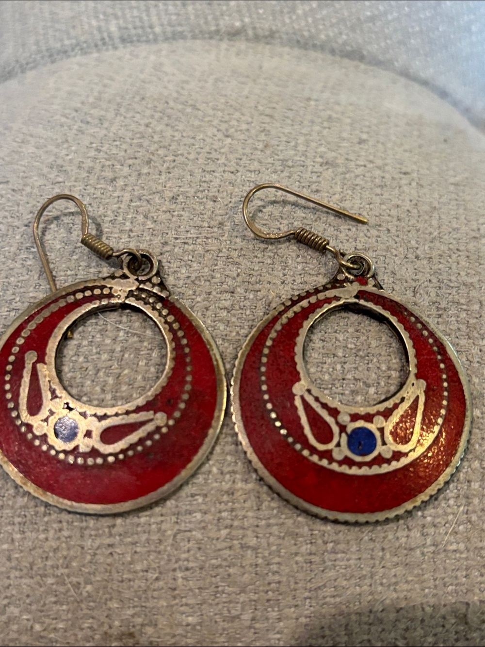 Boho Y2K Festival Vintage Handmade Nepalese Silver Toned Red Enamel Earrings
